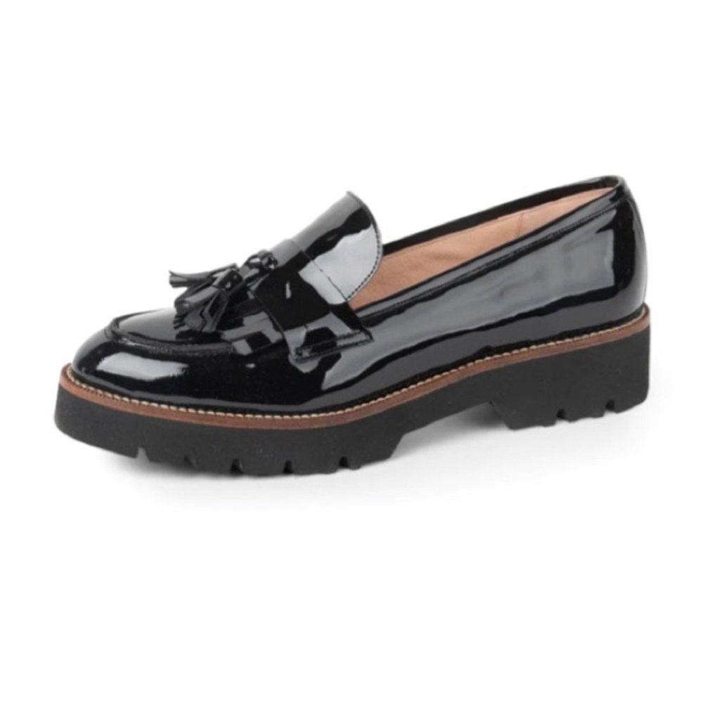 PATRICIA GREEN Beckham Tassel Lug Loafer, black patent, 9, NIB